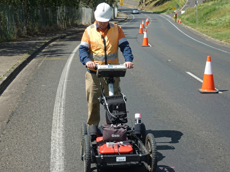 GPR radar image showing basalt rock layer escarpment depth profile — Geoscan ground penetrating radar investigation Victoria.