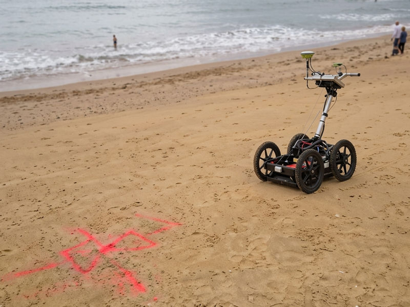 GPR equipment and ground markings showing location of buried irrigation valve box — Geoscan GPR scanning for local government client.