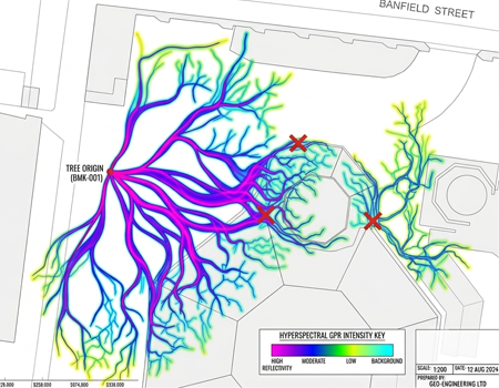 Geoscan GPR tree root investigation adjacent to Ukrainian church facade