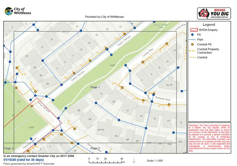 Example Before You Dig Australia asset plan showing council pits, pipes and conduits across a residential area, with legend and disclaimer.