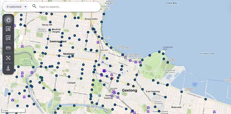 Map of Geelong and surrounding suburbs in the Survey Marks Enquiry Service, showing the locations of published survey marks.